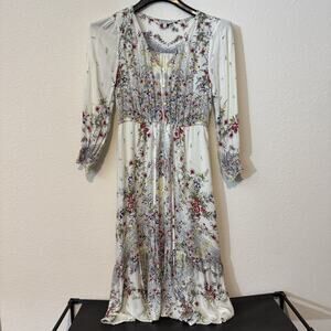 Lucky Brand Dress Womens Medium White Floral Boho Button Front 3/4 Sleeve India